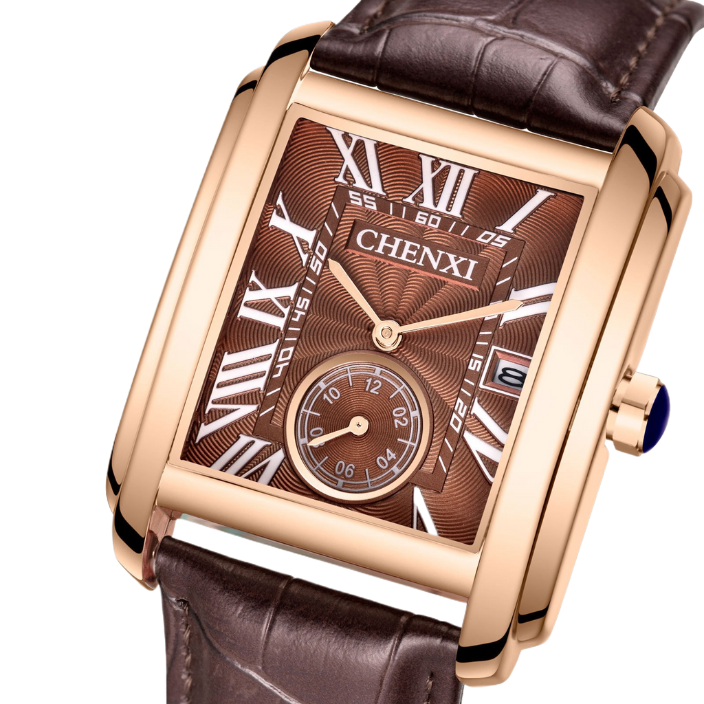 Square quartz watch with alloy leather strap