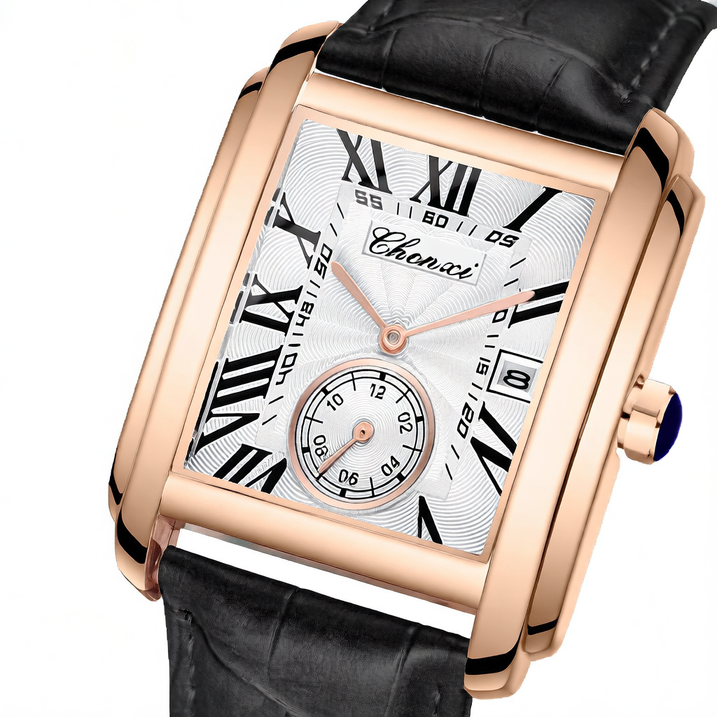 Square quartz watch with alloy leather strap